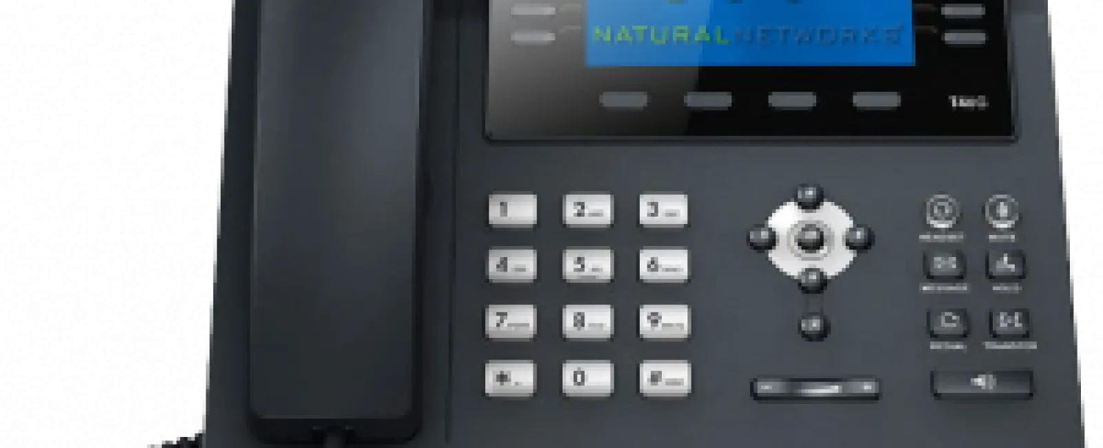 Black Yealink desk phone with color display showing Natural Networks logo, keypad, handset, and control buttons
