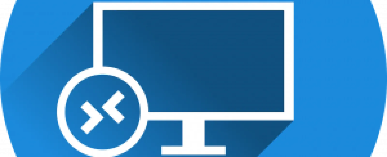 Blue circle icon with white monitor and remote desktop connection symbol in flat style