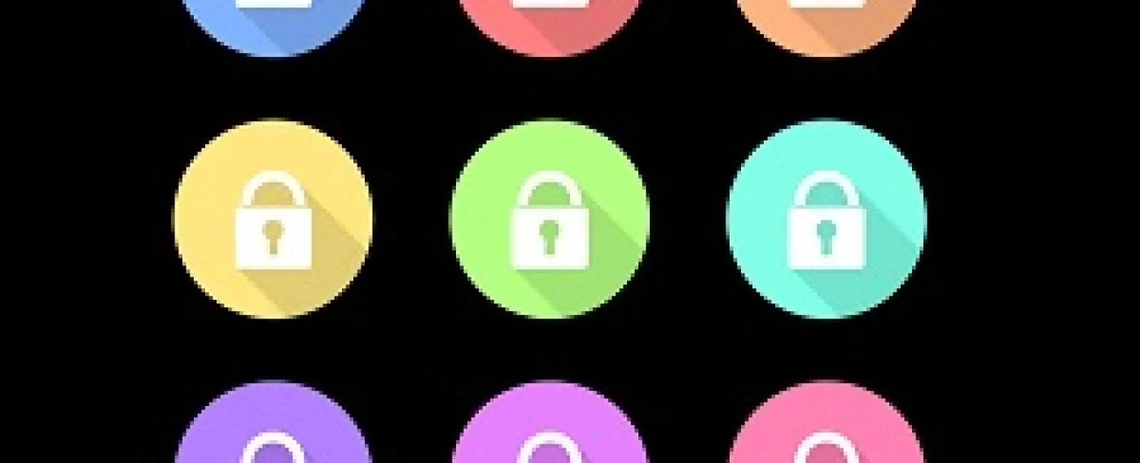 Nine colorful circular icons with white padlocks symbolizing security on a black background
