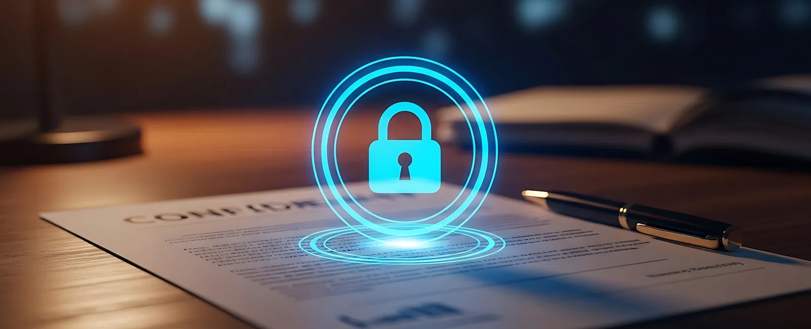 Document with a pen and a glowing digital lock symbolizing contract security and data protection.