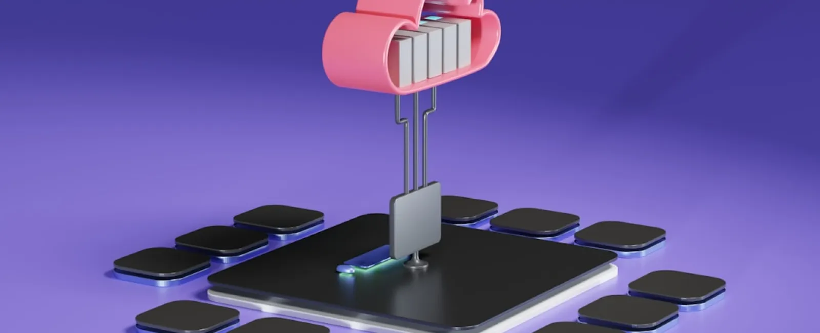 3D illustration of a cloud server connected to a microchip representing cloud computing and data storage technology
