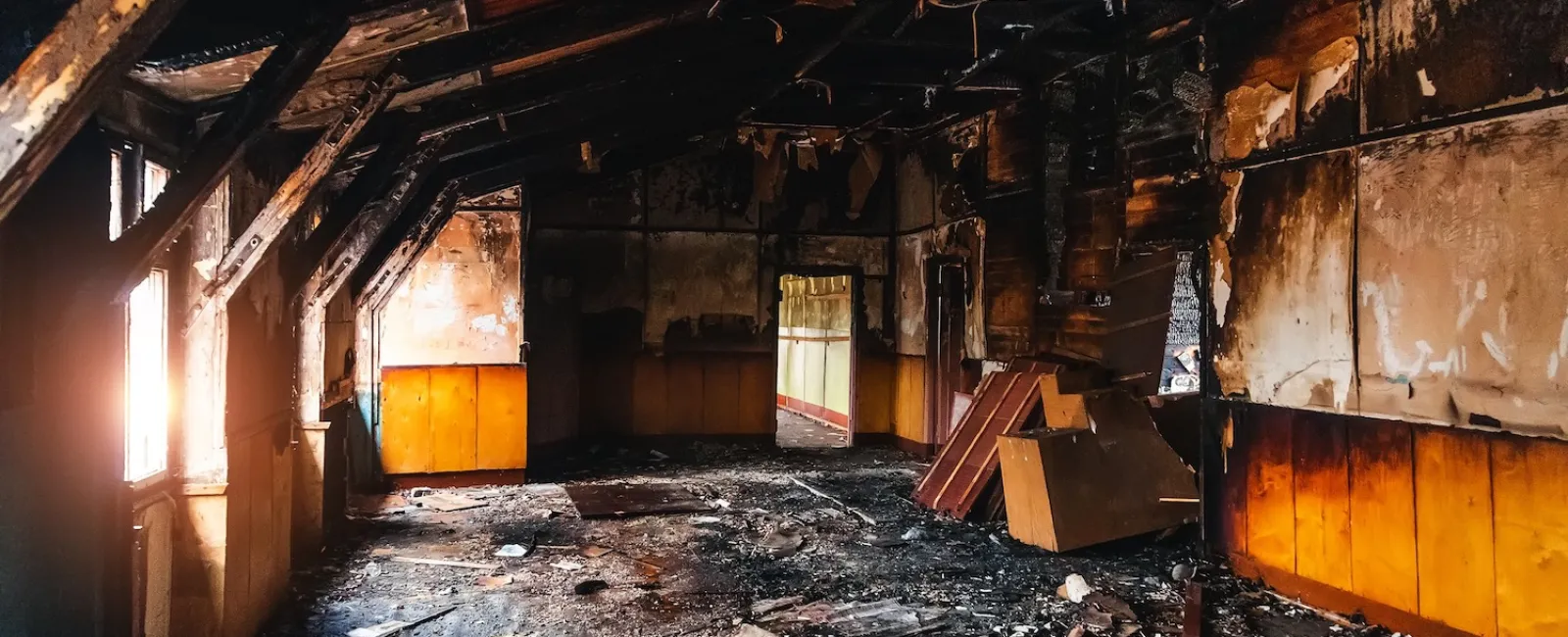 a room that has fire debris all over it