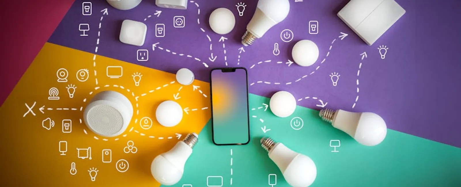 Smartphone surrounded by smart home devices and light bulbs on colorful background with technology icons.