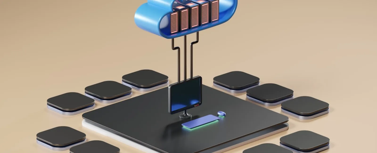 3D cloud server connected to a computer and multiple data nodes representing networked computing and cloud storage.