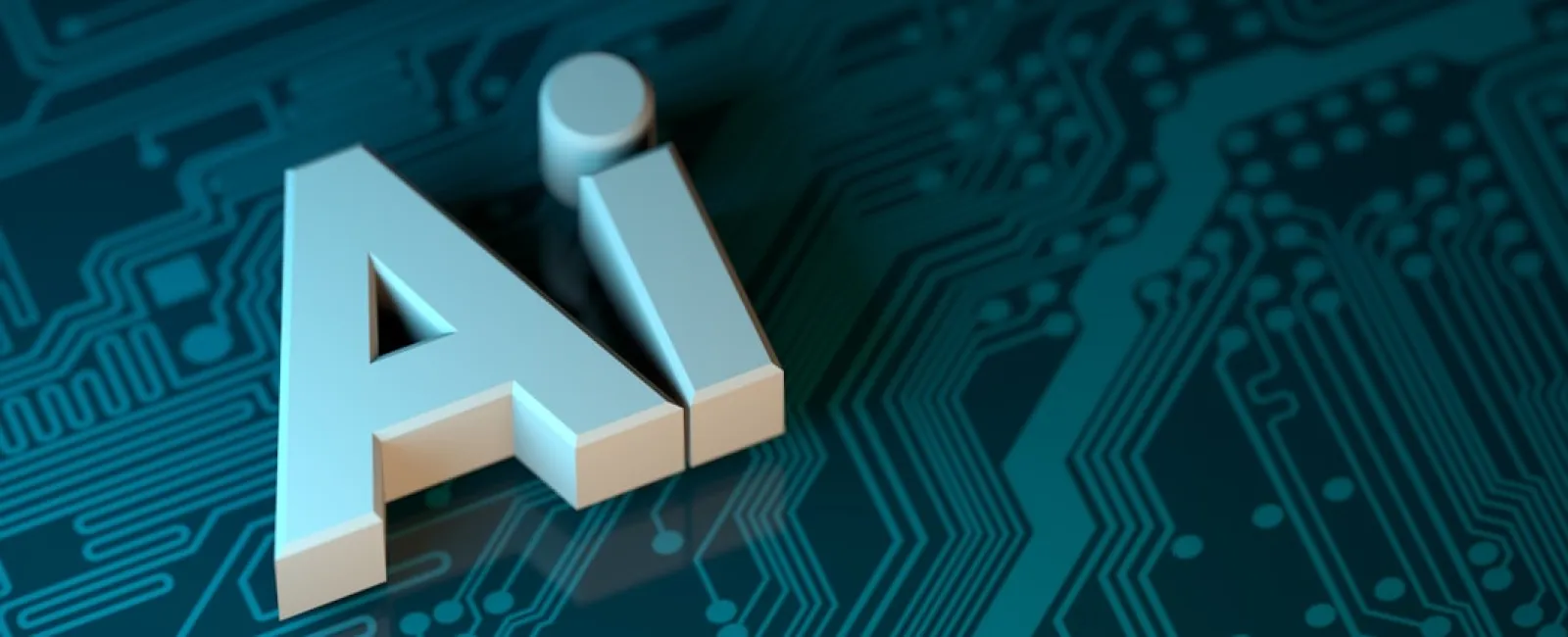 3D white AI letters on a dark blue circuit board background representing artificial intelligence technology.