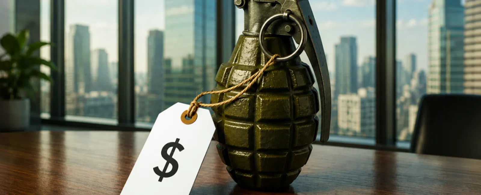 Military-style grenade with price tag featuring dollar sign on wooden table in office with cityscape views