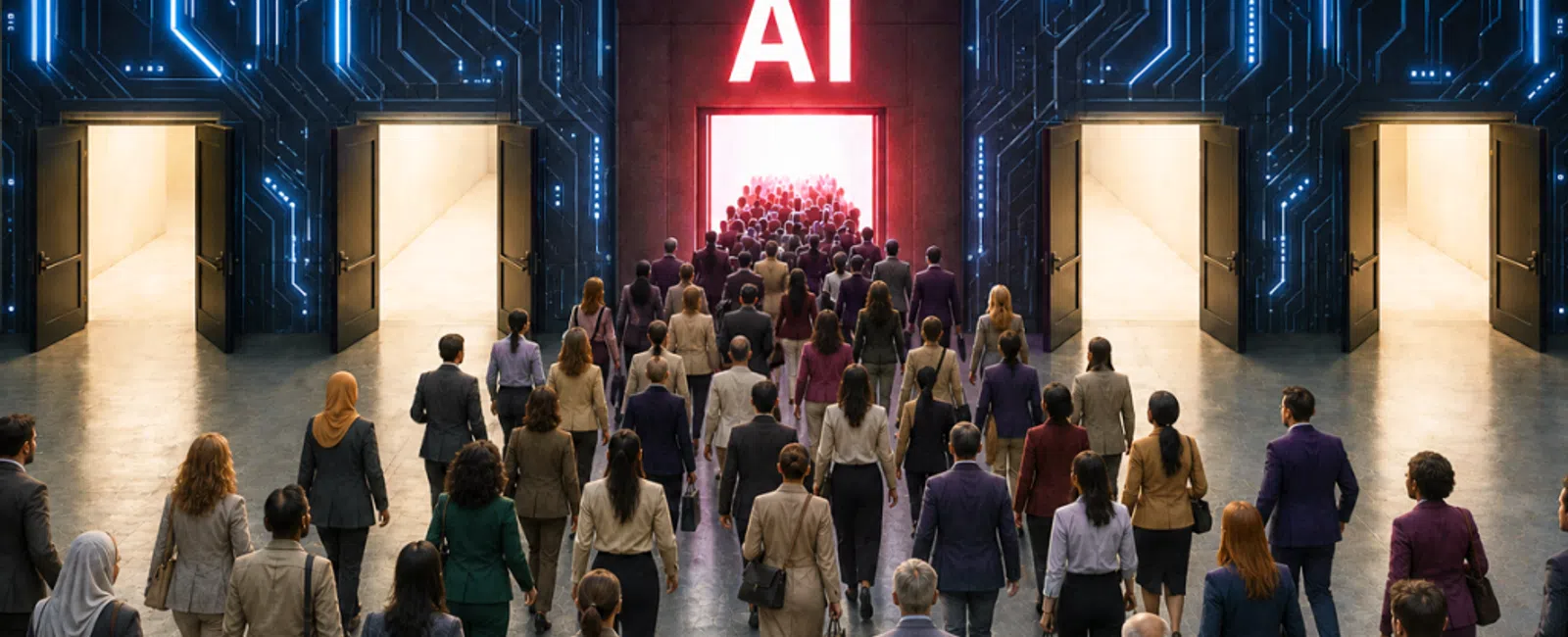 Business people walking towards a glowing AI portal with digital circuit board walls, symbolizing technology and innovation.