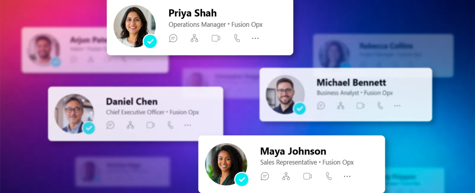 User profile cards showing names, roles, and contact icons on a colorful purple and blue gradient background.