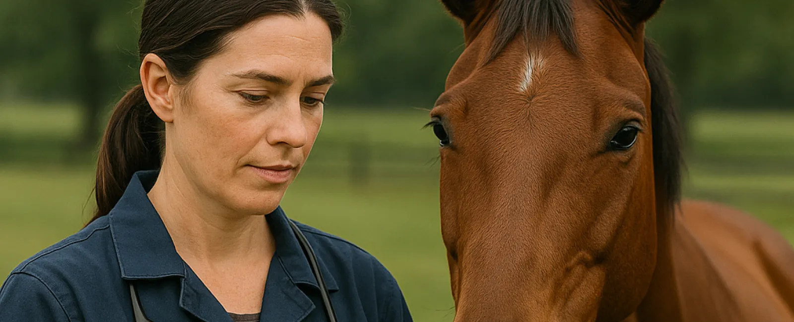 Veterinarian with stethoscope showing horse medical records on tablet beside brown horse in pasture
