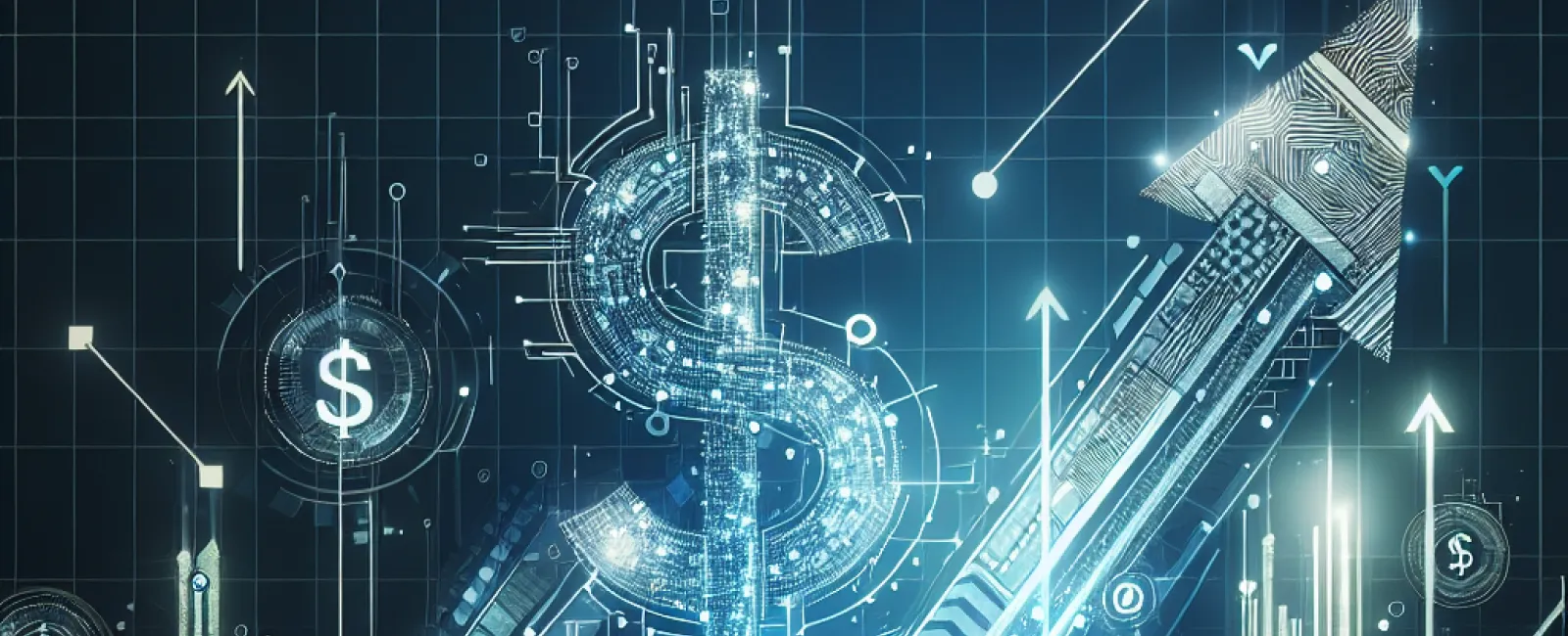 Digital dollar symbol and upward arrow representing financial growth and increasing market trends.