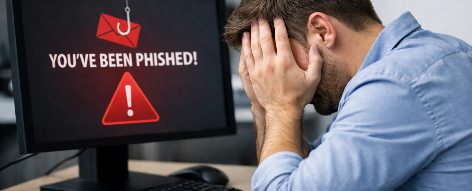 A picture of a man at a desk holding his head while sitting at a computer because he just got phished