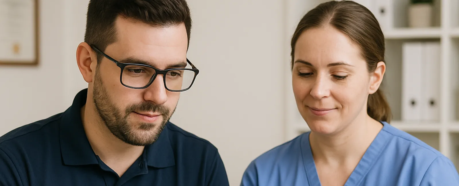 Veterinary professional holding a cat while an IT specialist works on a laptop in a clinic setting