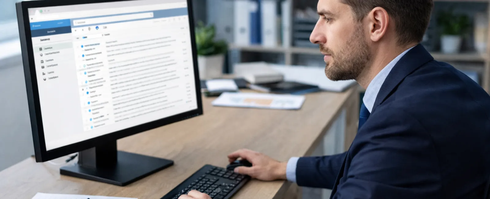 A male financial advisor at his office desk, sitting a computer. He is looking at emails.