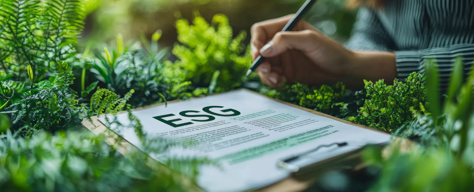 Person writing on ESG document surrounded by green plants symbolizing environmental responsibility.