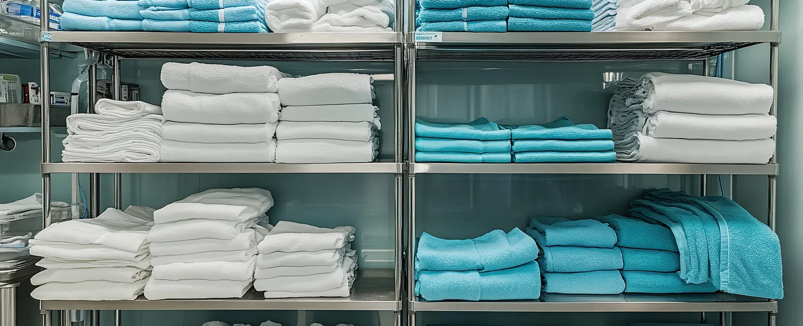 Organized metal shelves with neatly folded white and blue towels and plastic bins in a laundry or linen room.
