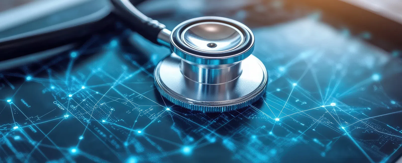 Stethoscope on a digital tablet screen displaying healthcare data and network connections in blue tones.