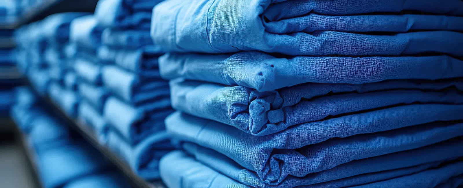 Stacks of neatly folded blue fabric or clothing on metal shelves in a storage or retail setting.