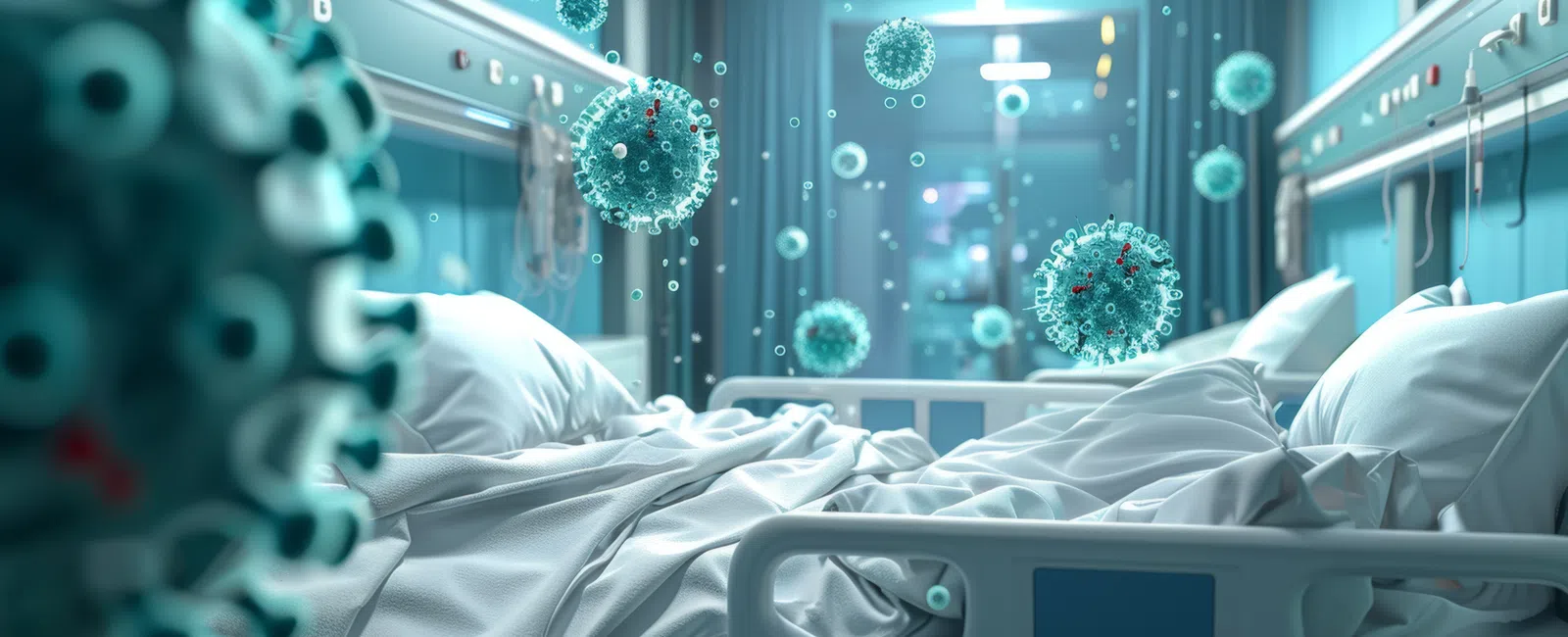 Empty hospital bed with floating coronavirus particles symbolizing infection risk in medical settings.