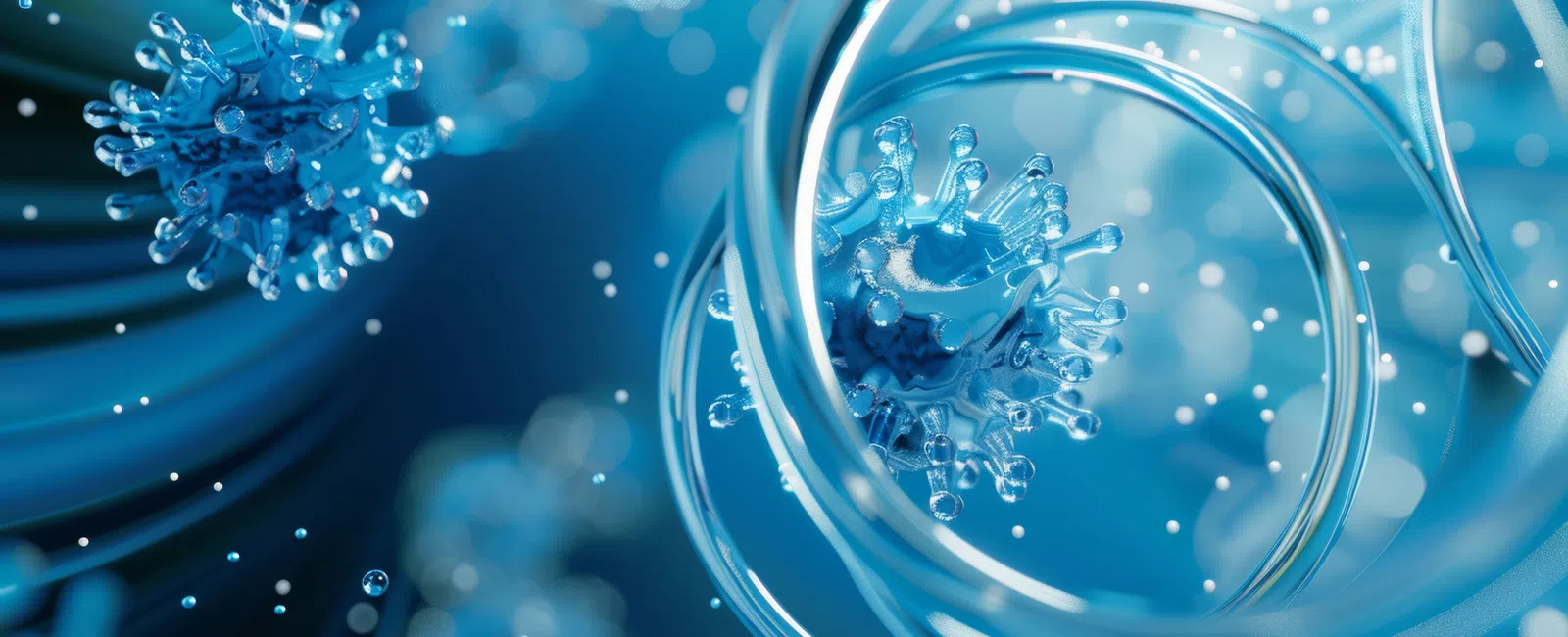 Blue microscopic virus particles surrounded by swirling molecular structures in a digital 3D rendering.
