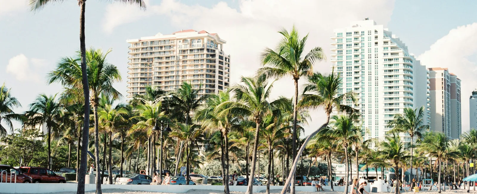 Sunny beach with palm trees, sandy shore, people walking, and high-rise buildings under blue sky.