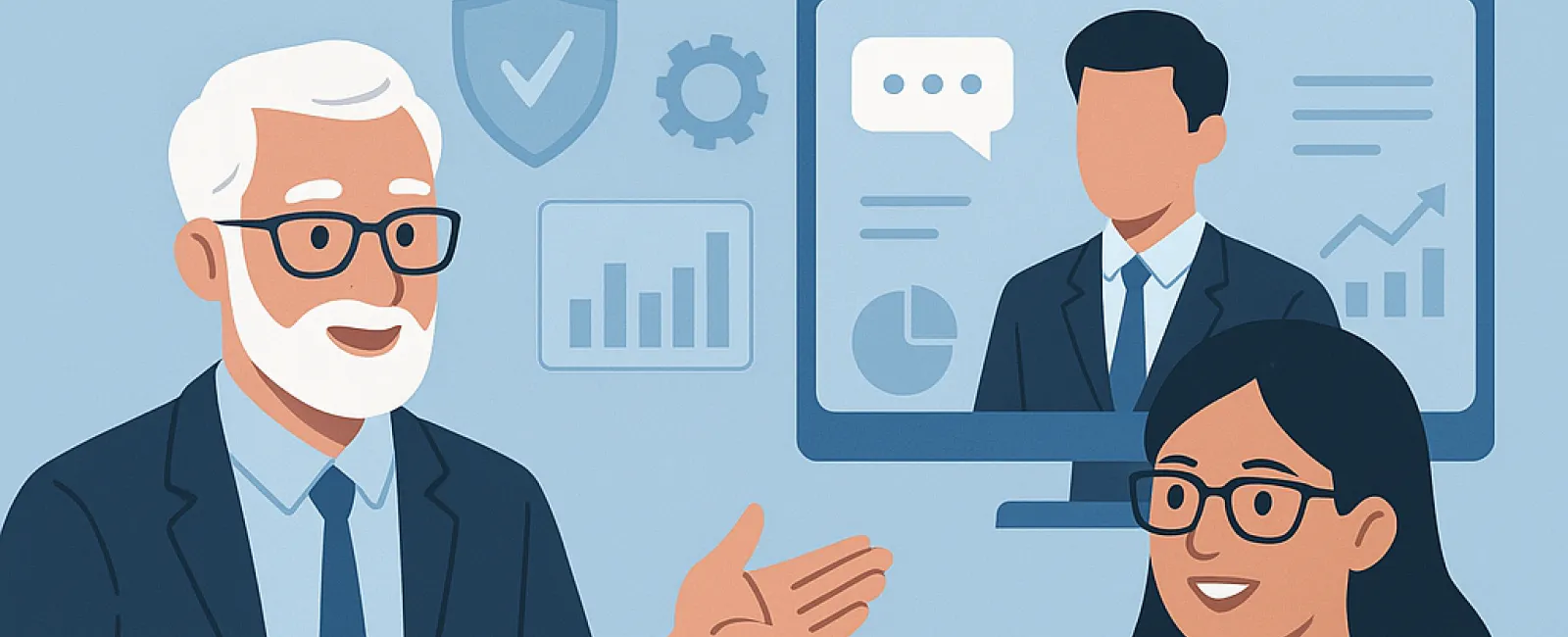 Two professionals in a meeting discussing virtual CIO insights with charts and graphs on screen behind them