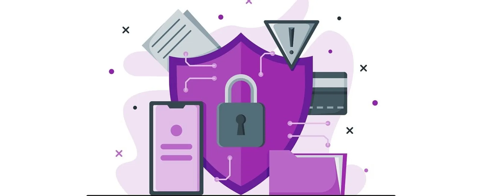 Purple shield with lock, smartphone, documents, credit card, and warning symbol representing data protection and cybersecurity.