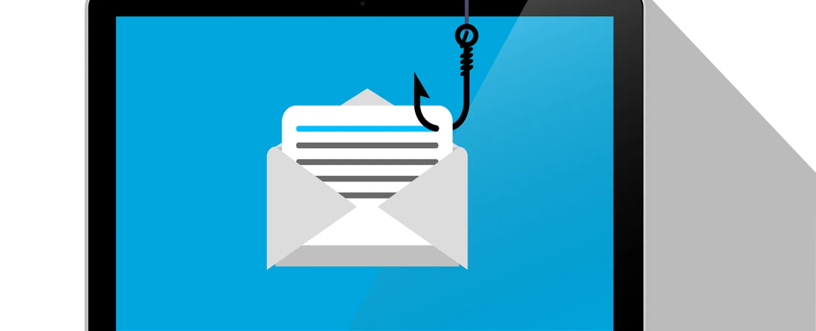 Laptop screen shows an email being caught by a phishing hook symbolizing email phishing attack.