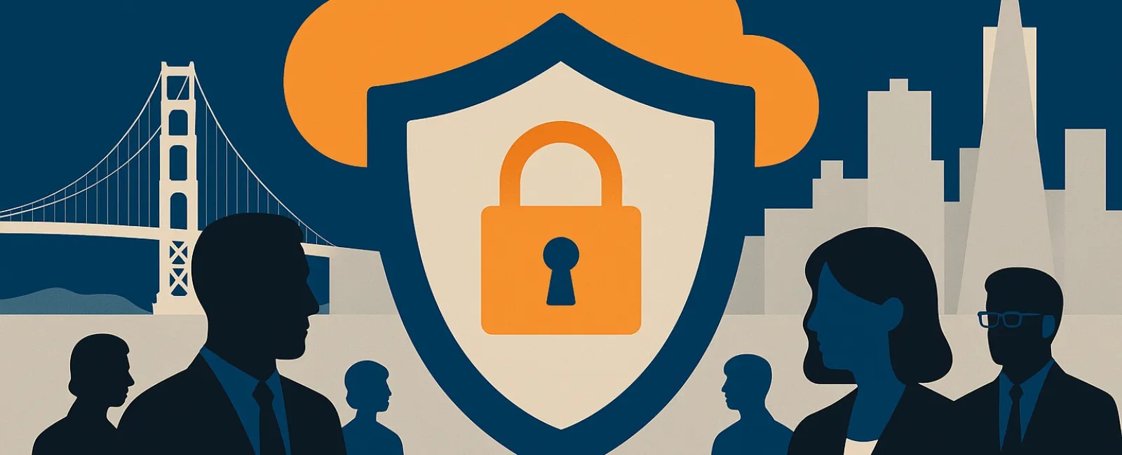 Silhouettes of business people with a cloud security shield lock icon and city skyline including a bridge and skyscrapers.