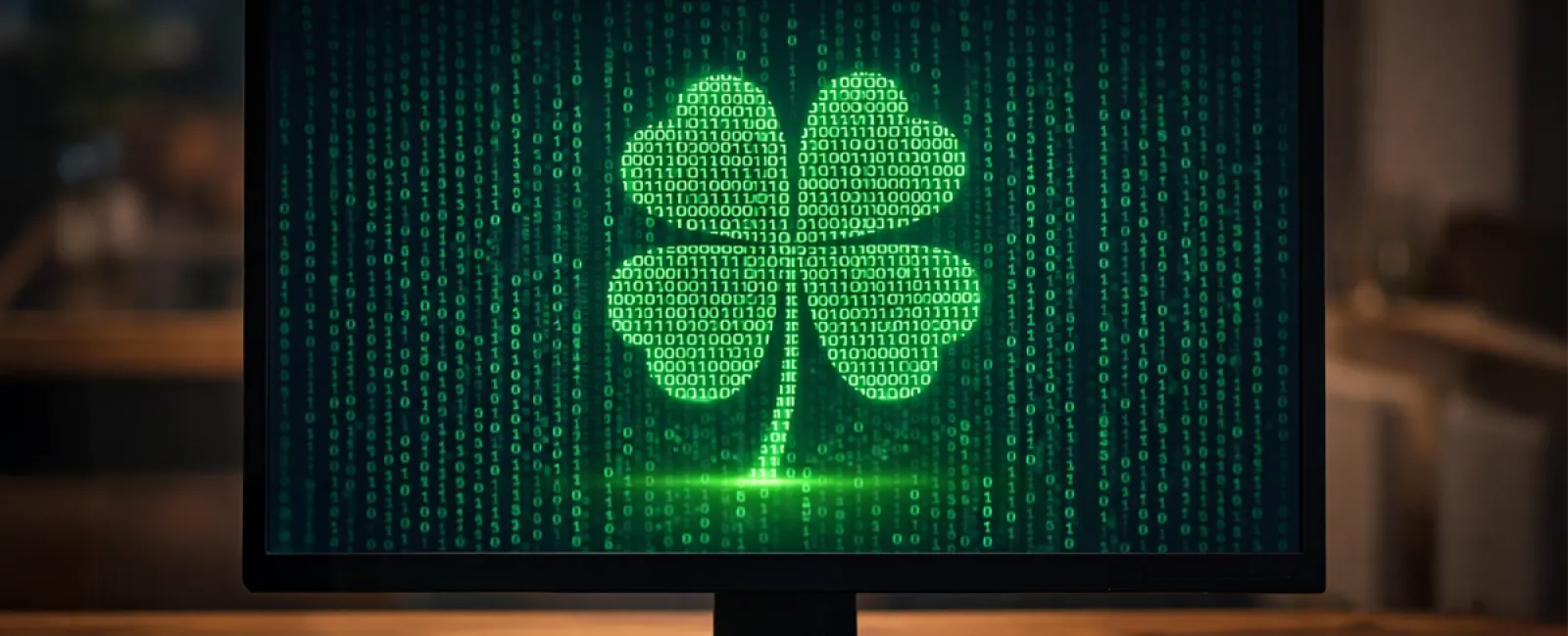 Computer screen displays a glowing green four-leaf clover made of binary code in a dark room.