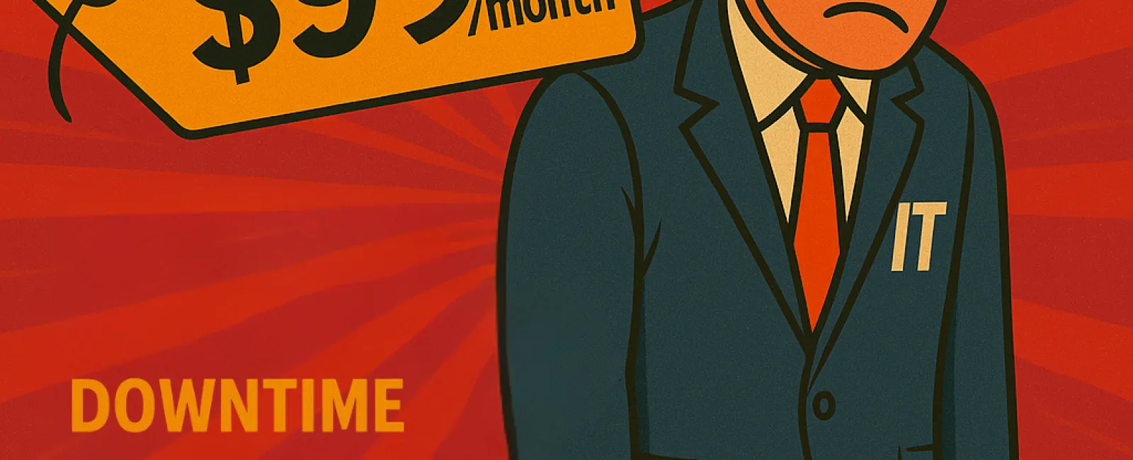 Sad IT professional next to $99/month price tag with downtime, ransomware, compliance, and data loss risks.