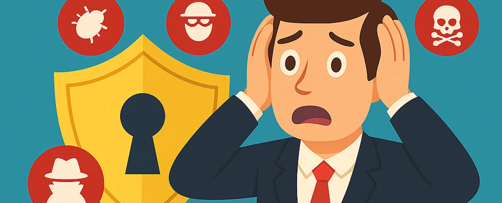Worried man in suit holds head near shield and security myths icons showing cybersecurity risks and misconceptions.