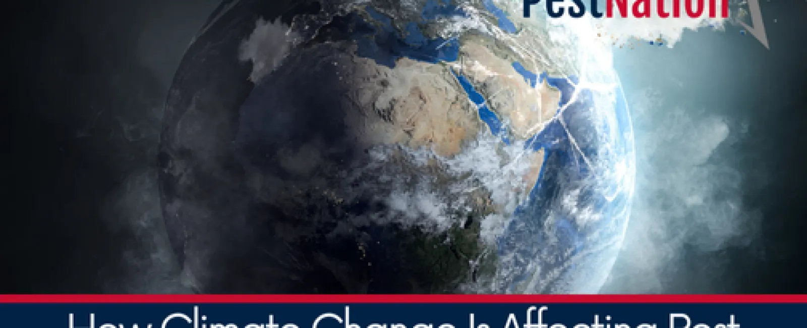 A globe illustrating climate change impacts on pest behavior with PestNation branding.