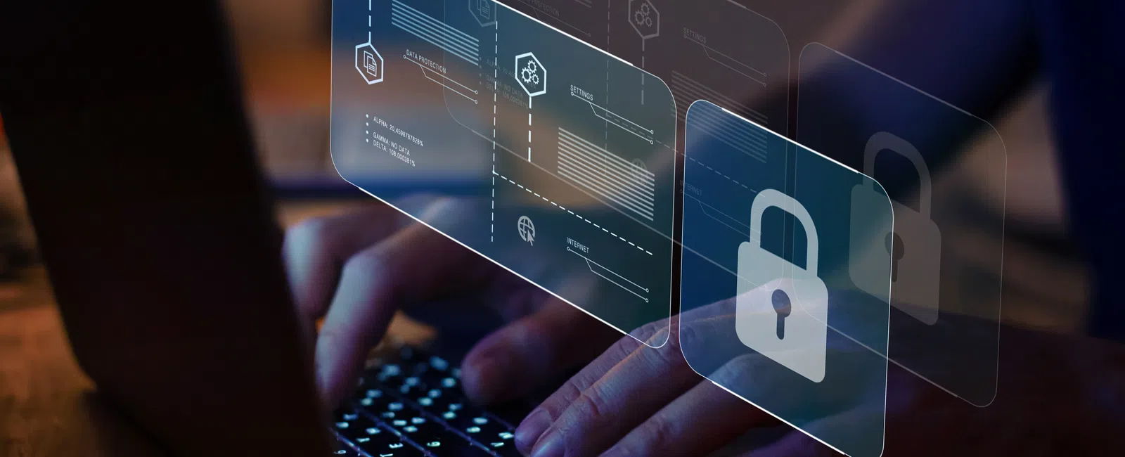 Person typing on laptop with digital security icons and lock symbols representing data protection.