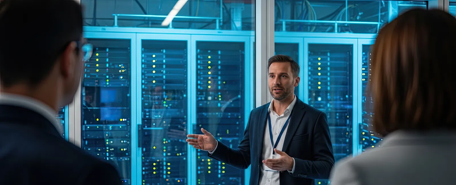 IT professional explaining data center operations to colleagues in a server room with racks of equipment.