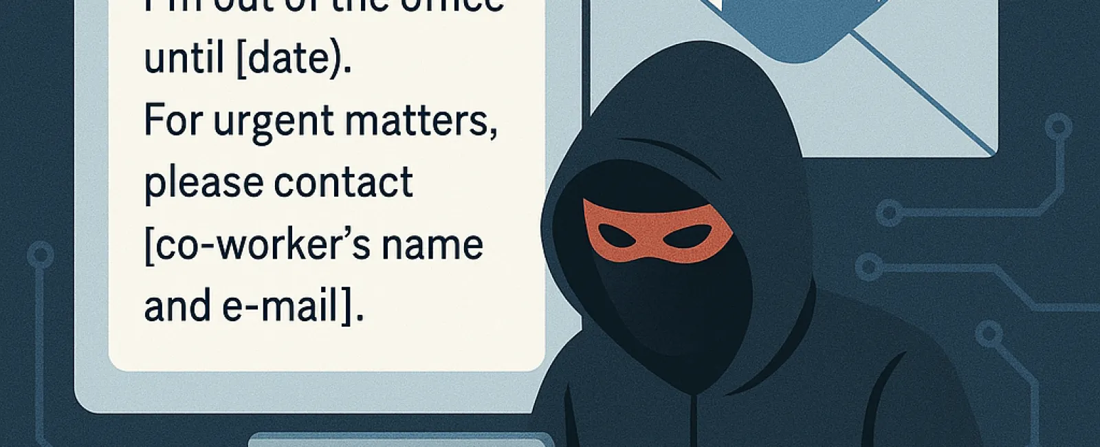 Hacker in hoodie and mask hacking a laptop with out of office email message and locked envelope symbol behind.