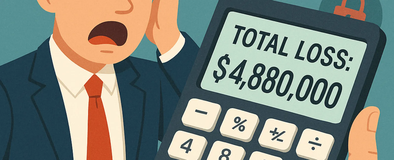 Shocked businessman looking at calculator showing total loss of $4,880,000 with cyber attack icons.