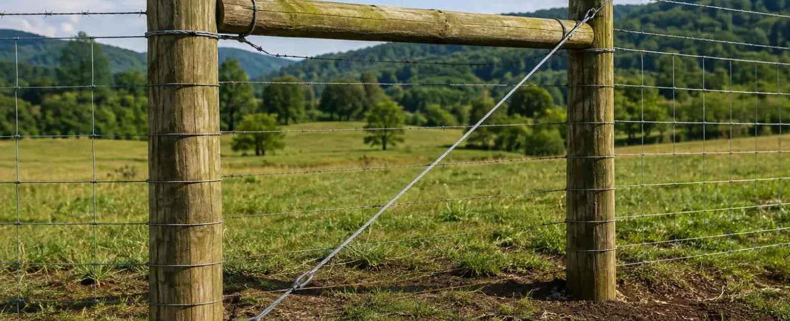 Barbed wire fence with wooden posts in a green pasture under a partly cloudy sky and distant hills.