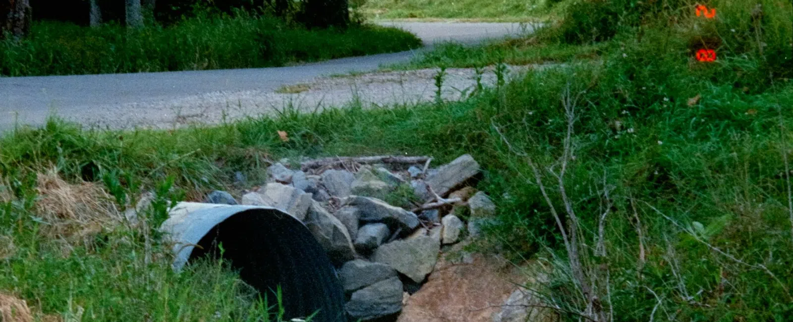 Small creek flowing through a culvert under a rural road surrounded by green grass and trees.
