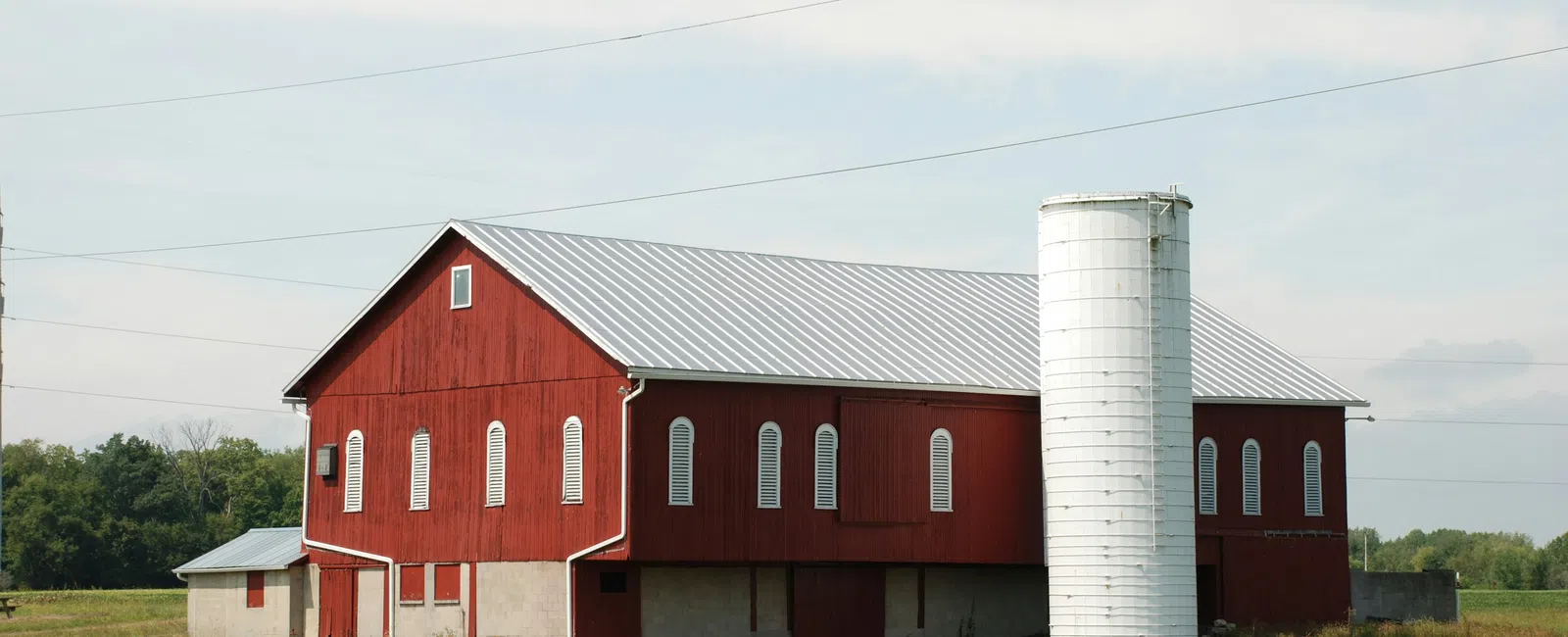 Red barn with white silo in green field under a partly cloudy blue sky during daytime.