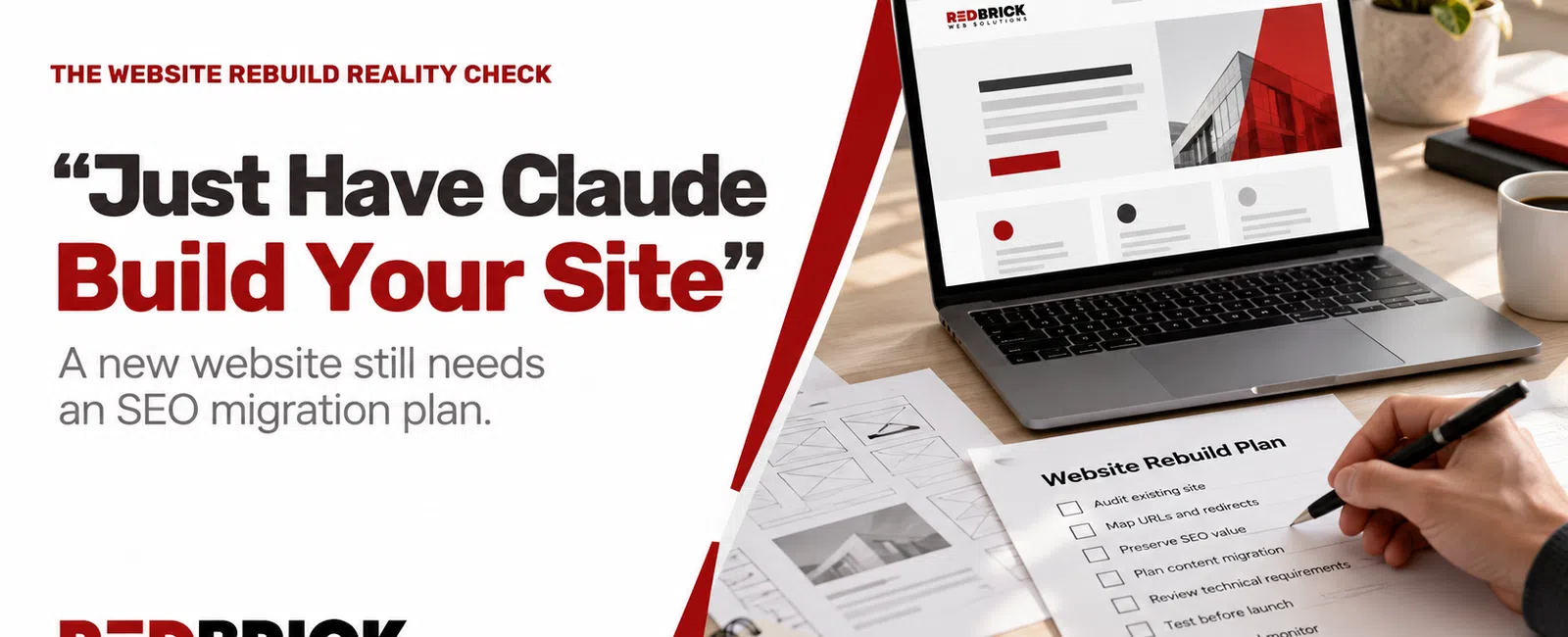 Laptop showing RedBrick website with a hand checking website rebuild plan checklist for SEO migration.