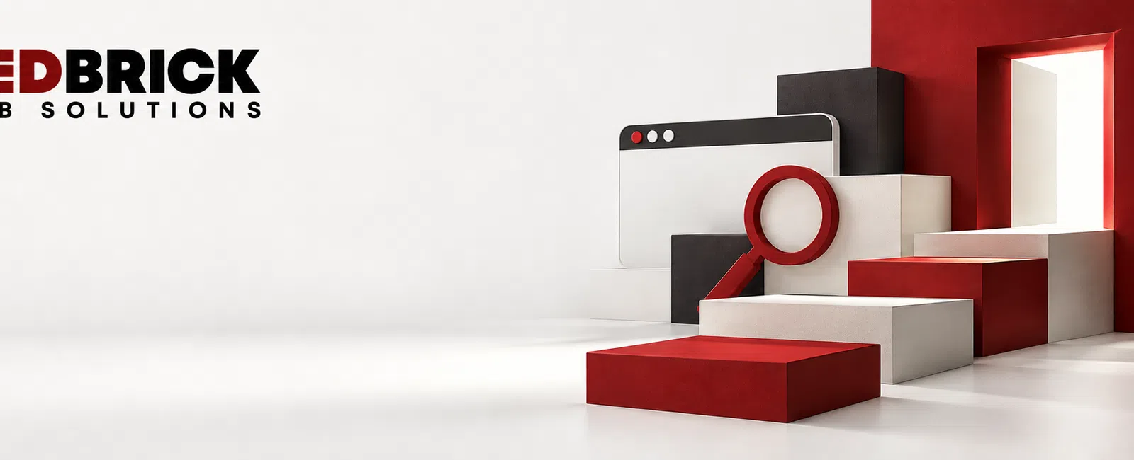 RedBrick Web Solutions logo next to 3D blocks, a browser window, and magnifying glass with red and black accents.