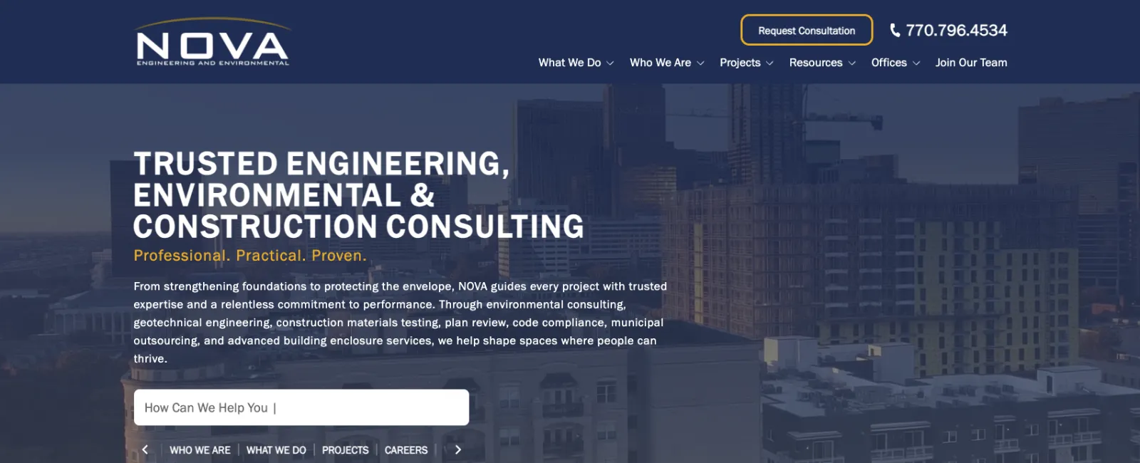 NOVA Engineering website homepage with city skyline background showcasing engineering and construction consulting services.