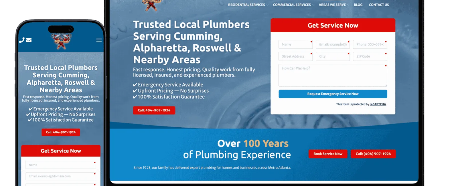 Responsive website design for trusted local plumbers serving Cumming, Alpharetta, Roswell with emergency services.