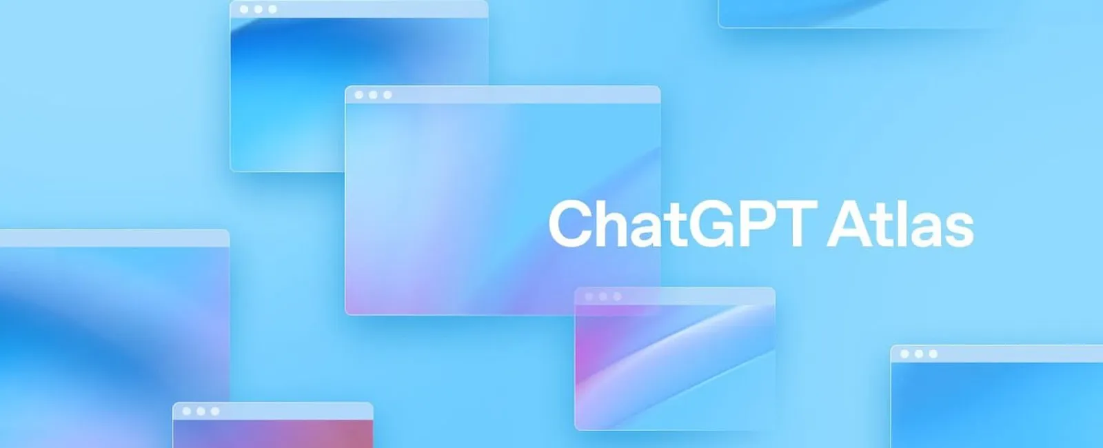 Blue gradient browser windows with ChatGPT Atlas text on a light blue background