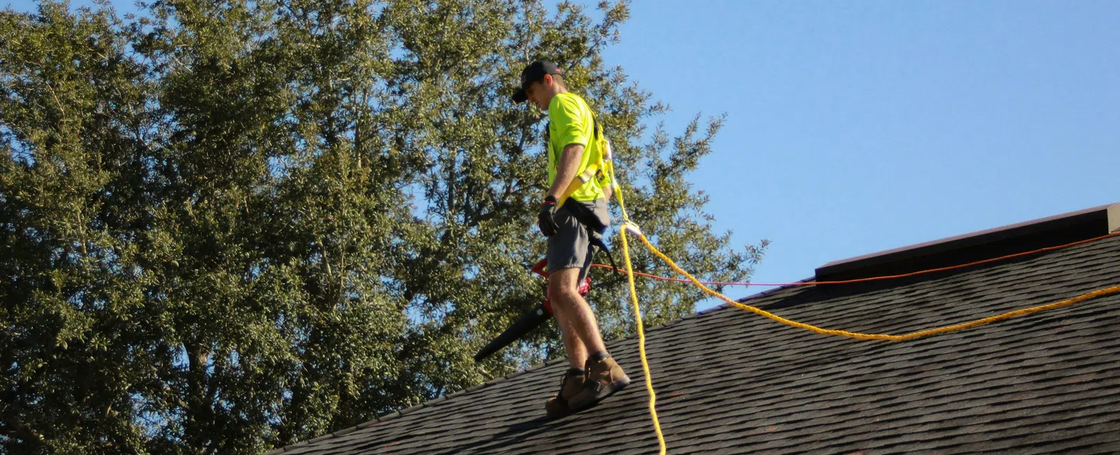 Worker in safety gear using a blower to clean leaves off a residential shingled roof on a sunny day.