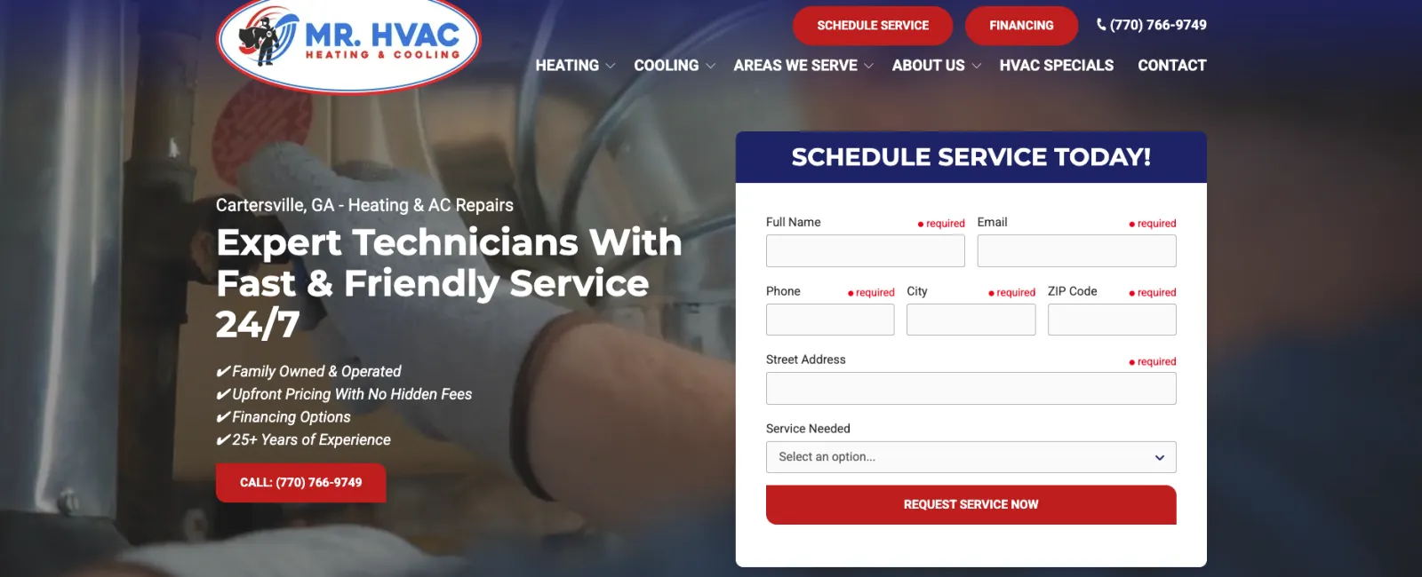 Website homepage for Mr. HVAC with service form, heating and cooling services, and contact information displayed.