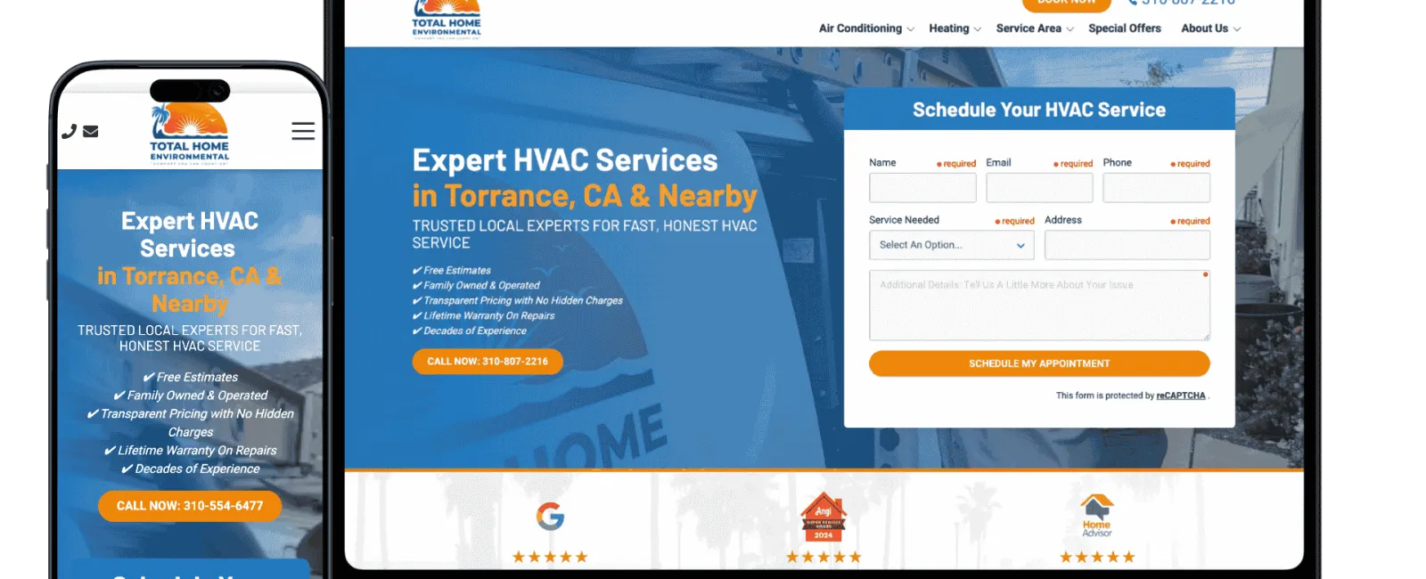Website homepage for Total Home Environmental showing HVAC services with contact form on laptop and mobile screens