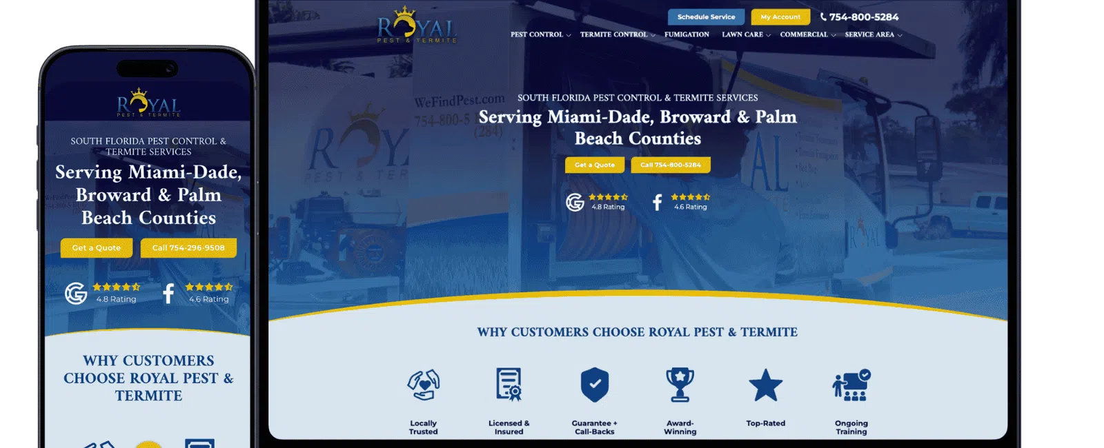 Responsive Royal Pest & Termite website on smartphone and laptop showing pest control services in South Florida.