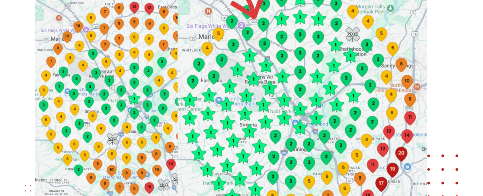 Map showing colored markers and stars indicating location data density and ratings across a geographic area.