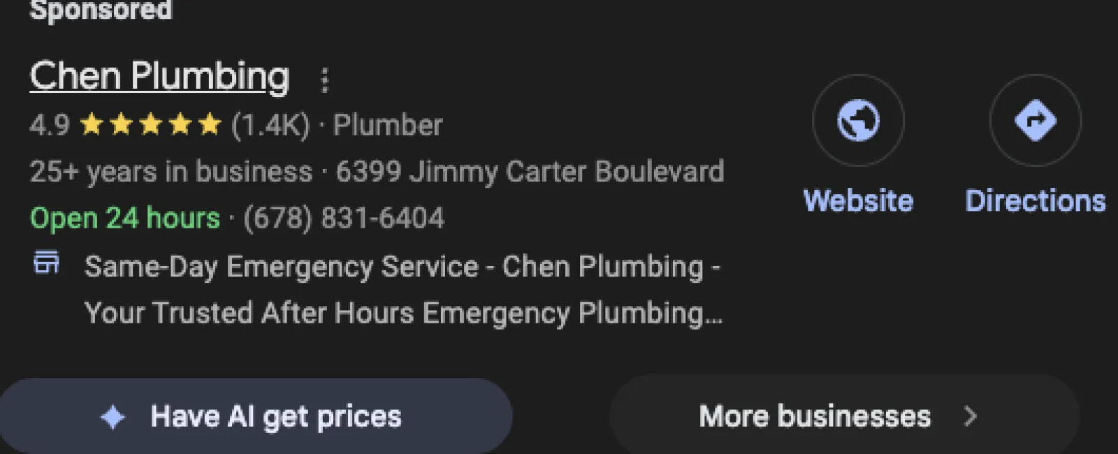 Chen Plumbing listing with 4.9 stars, 25+ years experience, open 24 hours, displaying contact details and emergency services.